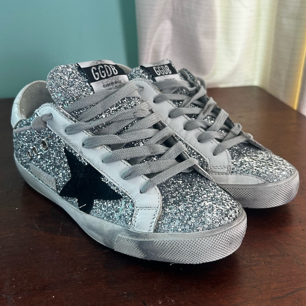 Golden Goose Silver Glitter Sneakers with Black Star